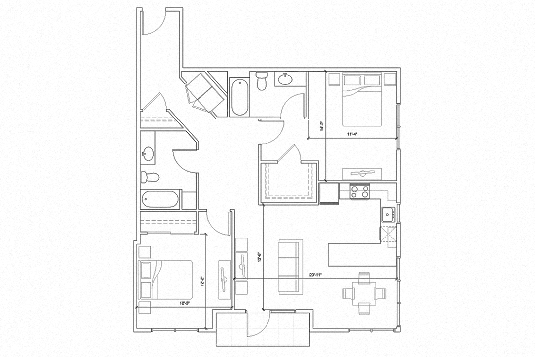 Floor plan for 2 beds, 2 baths, 1157 sqft